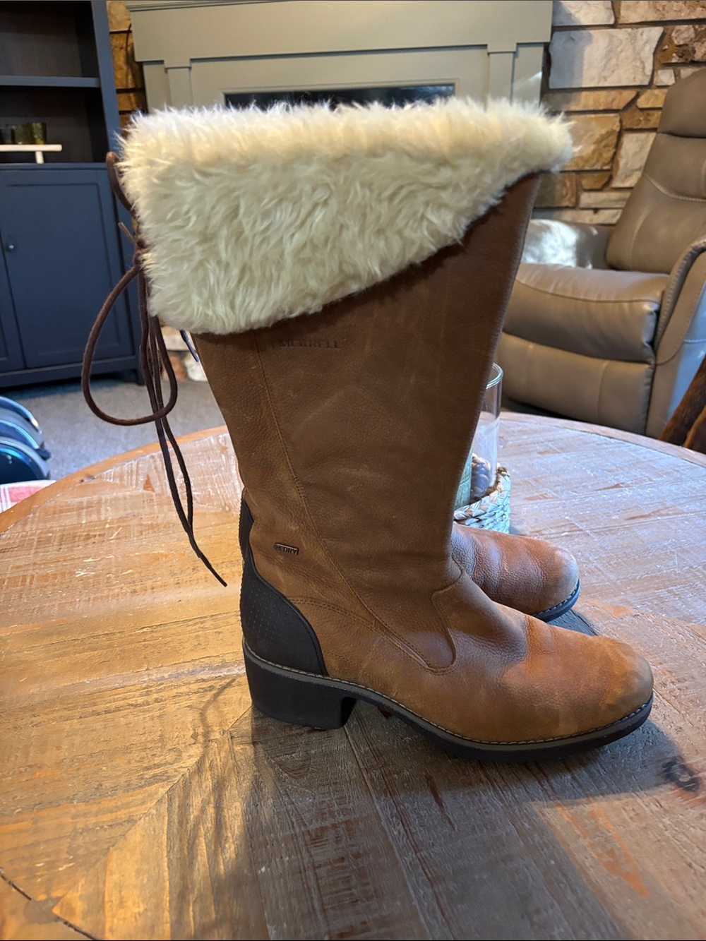 Merrell Women's Brown Leather Shearling-Trim Mid-Calf Heeled Boots